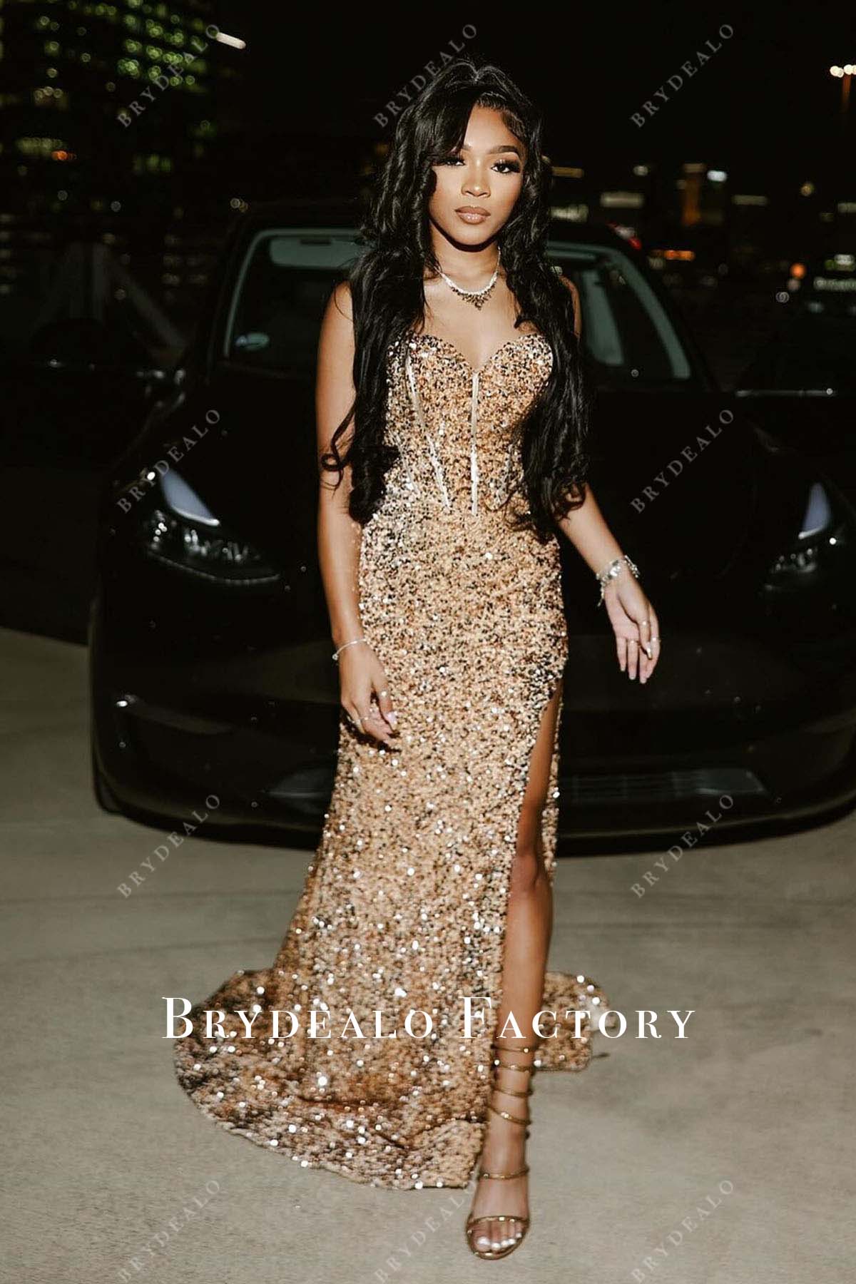 champagne sequined strapless prom dress