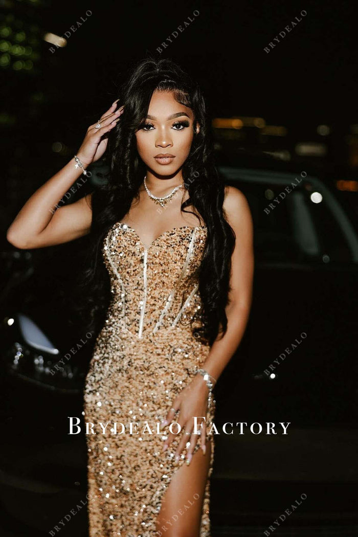 Champagne Backless Off The Shoulder Sequined Bridesmaid Prom Dress