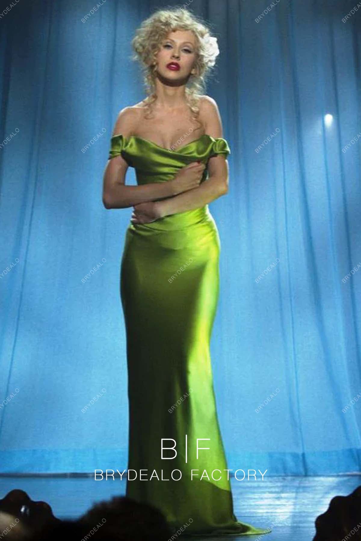 Christina Aguilera Moss Green Off-shoulder Prom Dress Burlesque