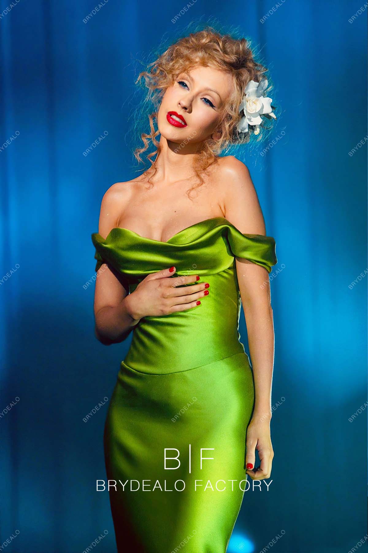 Christina Aguilera Moss Green Off-shoulder Prom Dress in Burlesque