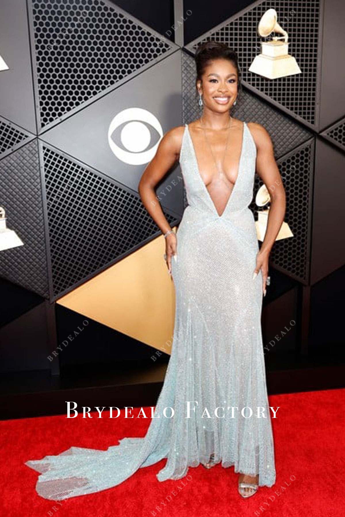 Coco Jones plunging neck dress 2024 Grammys Red Carpet