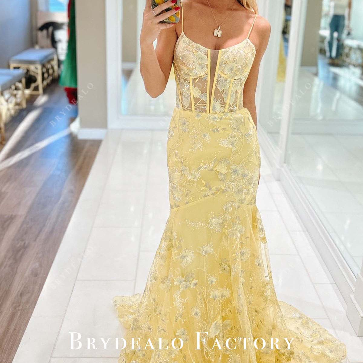 Daffodil Lace Thin Straps Corset Trumpet Prom Dress