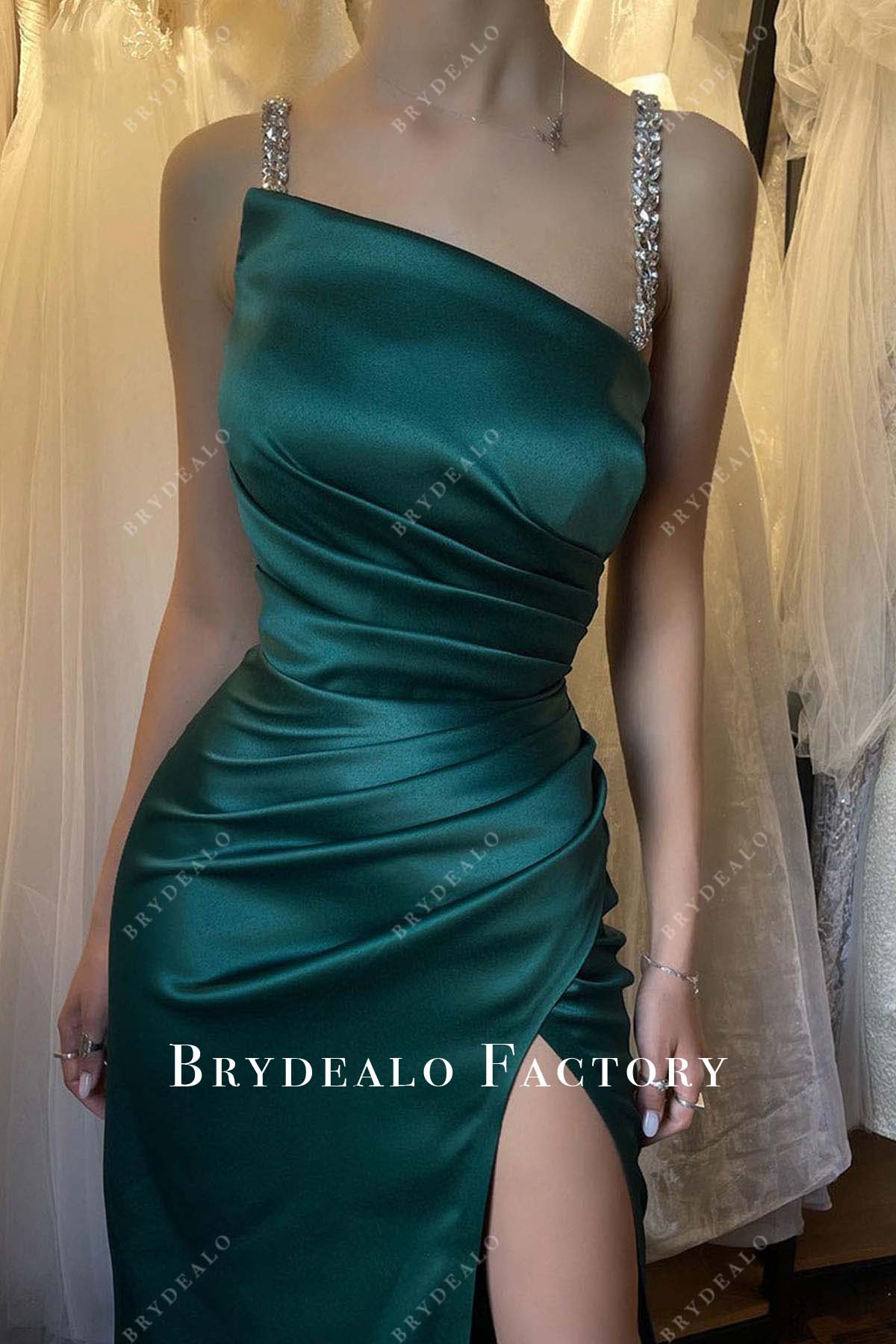 dark green asymmetric neckline prom dress