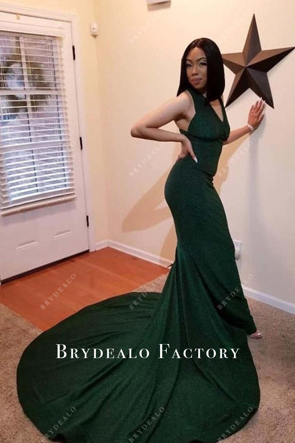 dark green long train prom dress