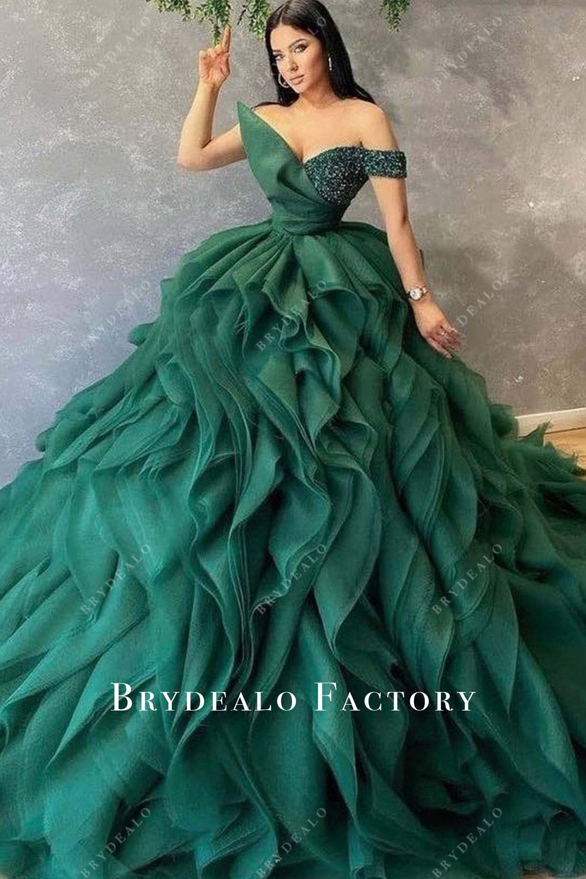 dark green off shoulder ruffled tulle prom dress