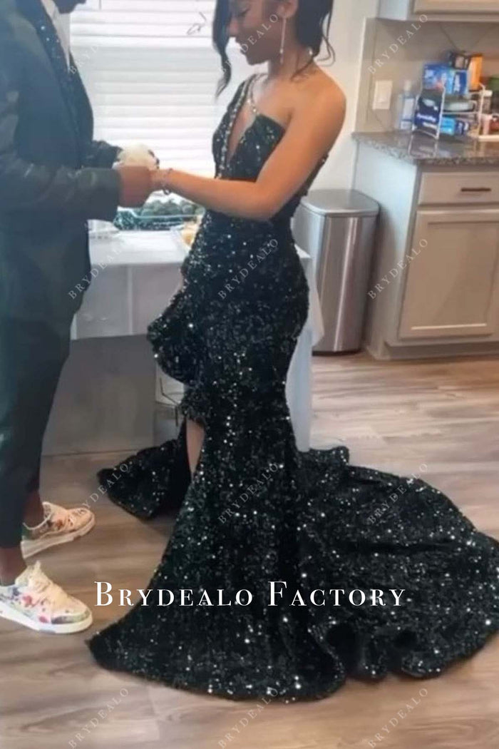 Amazing Dark Green Sequins Sleeveless Mermaid Prom Dress main image 1