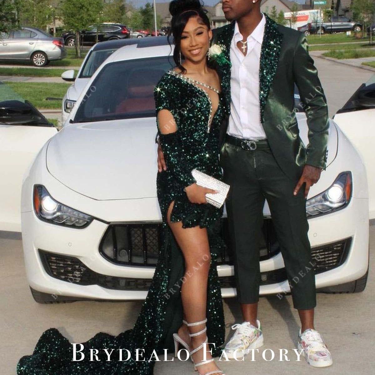 Dark Green Sequined One Sleeve Mermaid Split Prom Dress