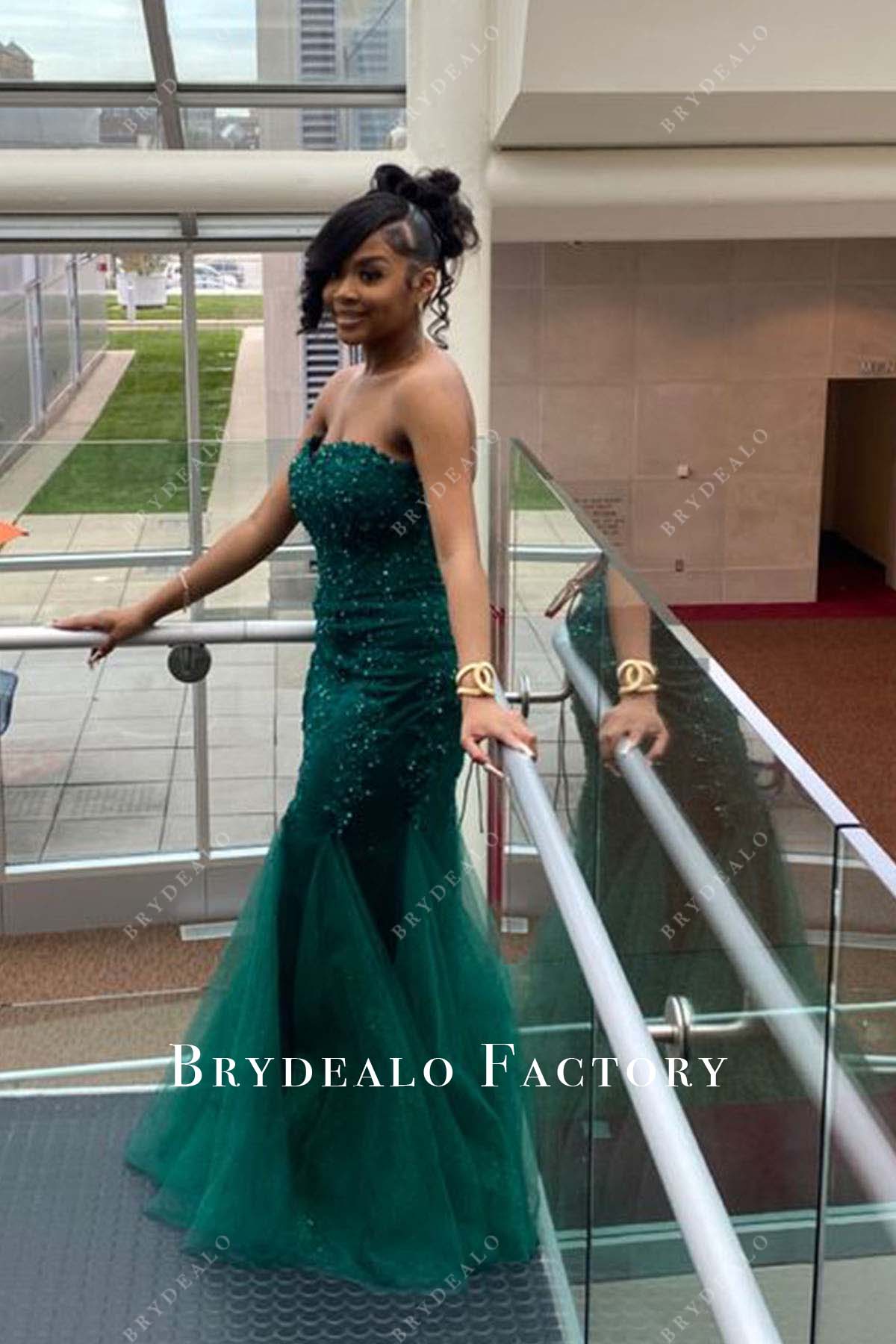 dark green sequined strapless prom dress