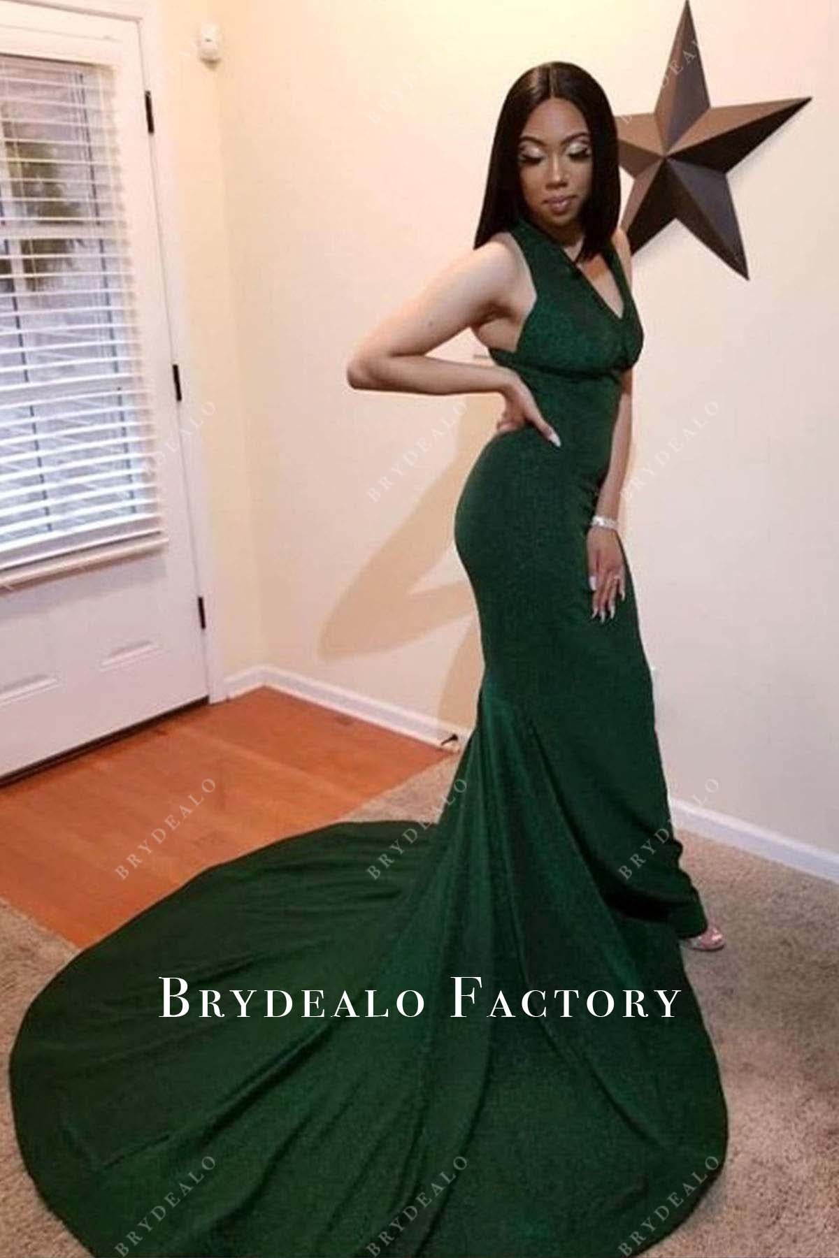 dark green v neck prom dress