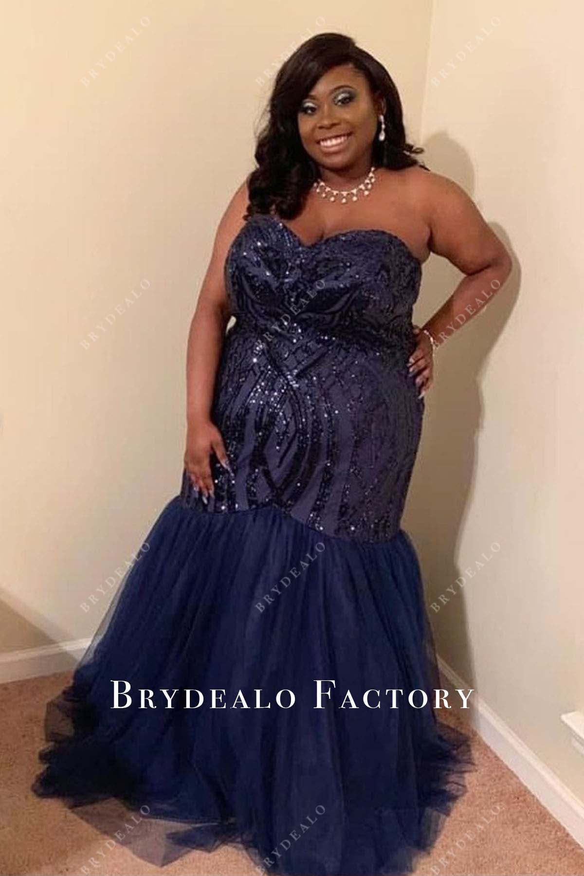 dark navy strapless sequined tulle prom dress