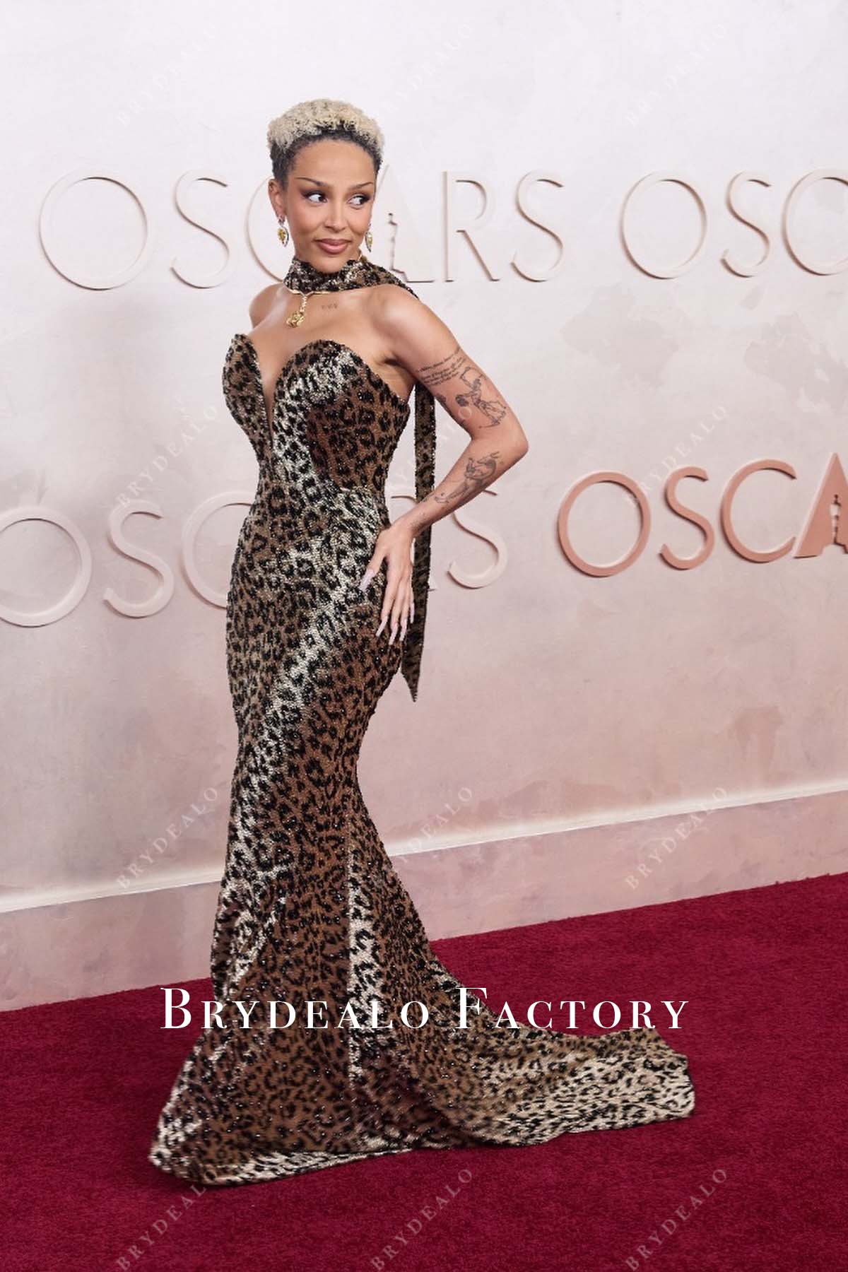 Doja Cat leopard print 2025 Oscars red carpet mermaid dress