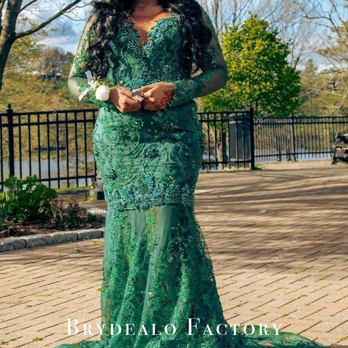 Emerald Long Sleeves Beaded Mermaid Prom Dress