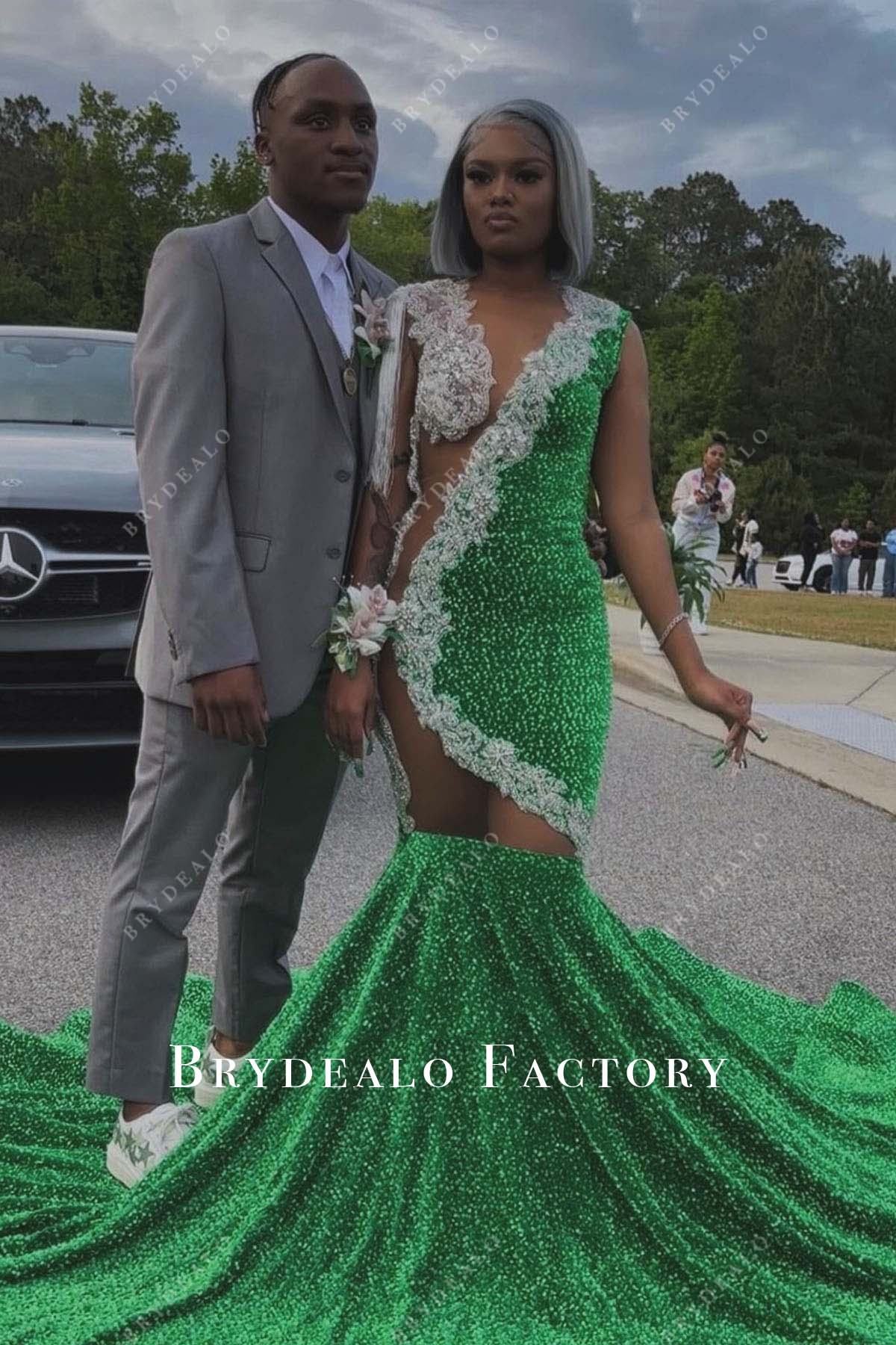 emerald sequined trumpet prom dress