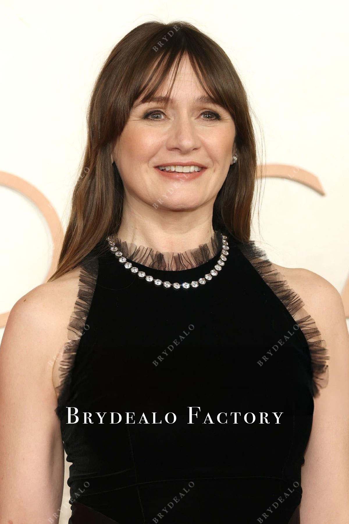 Emily Mortimer beaded neckline 2025 Oscars red carpet dress