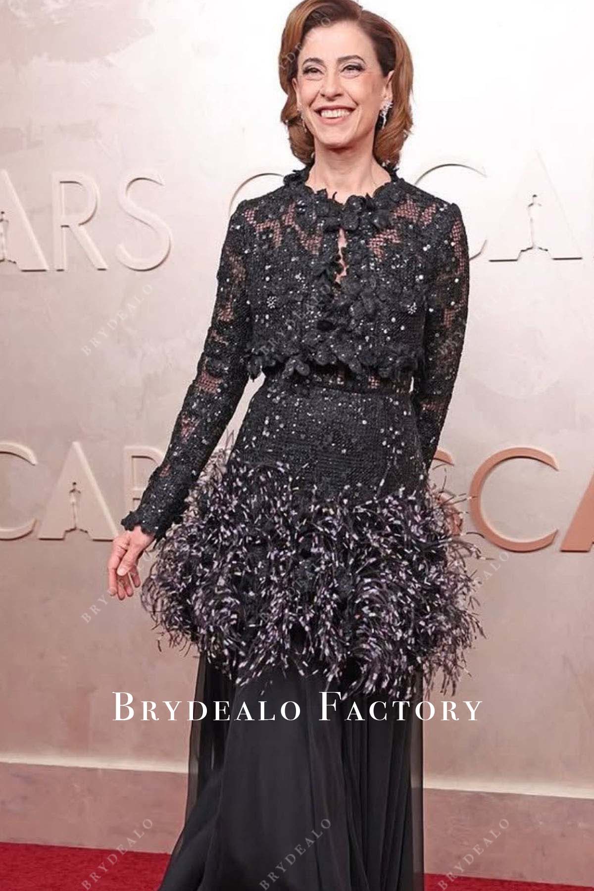 Fernanda Torres black lace feathers  2025 Oscars red carpet dress 