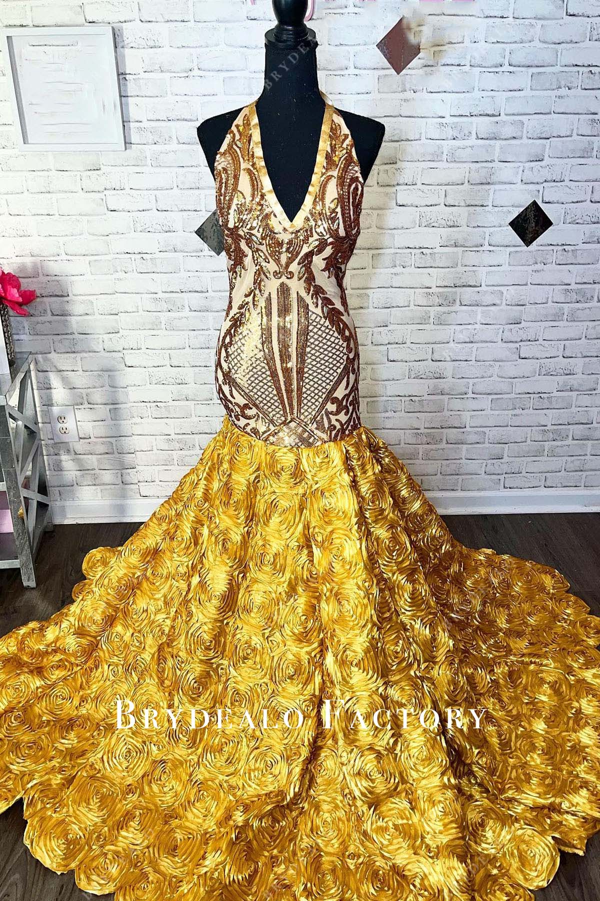 gold 3d roses trumpet prom dress