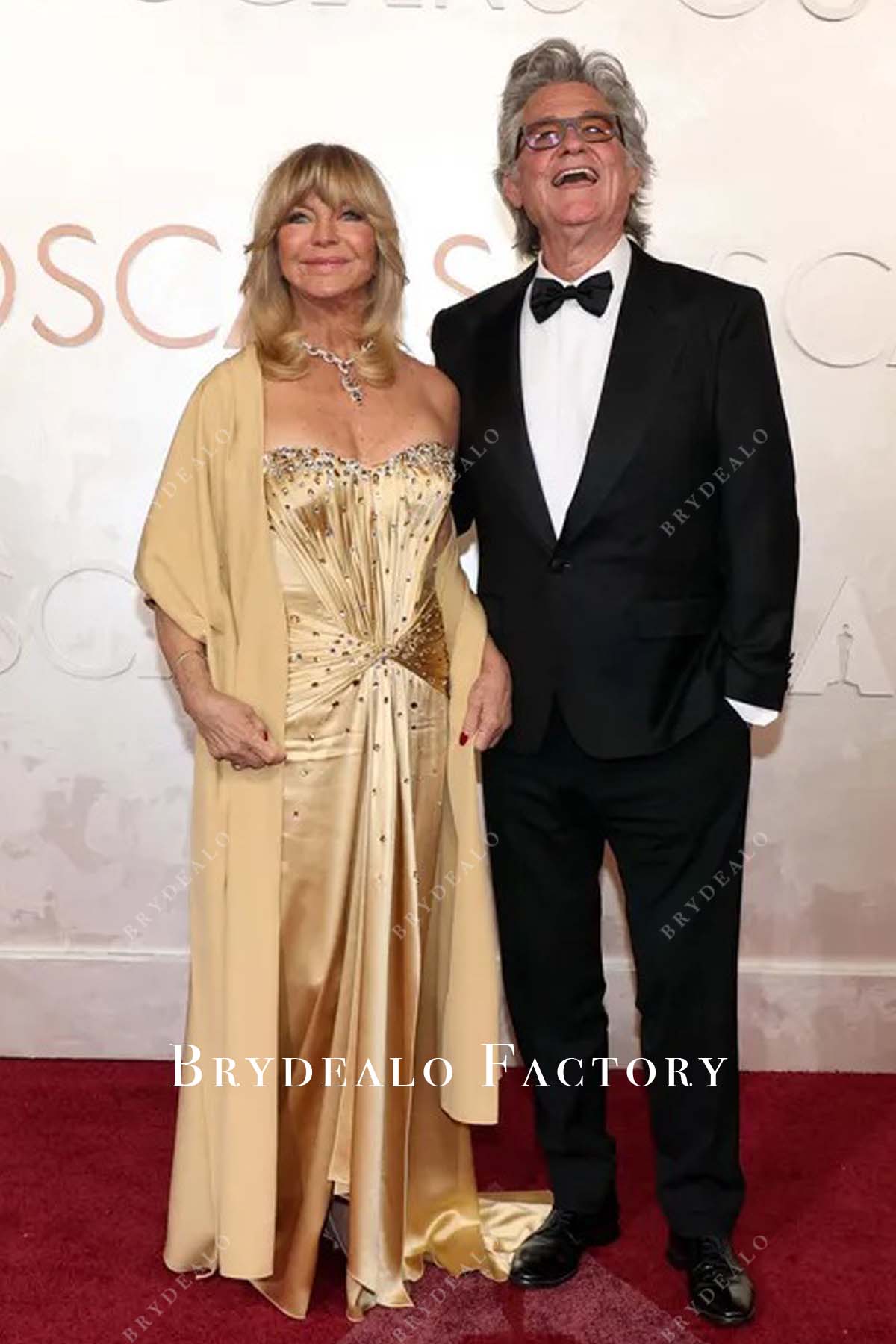 Goldie Hawn rhinestones 2025 Oscars red carpet prom dress