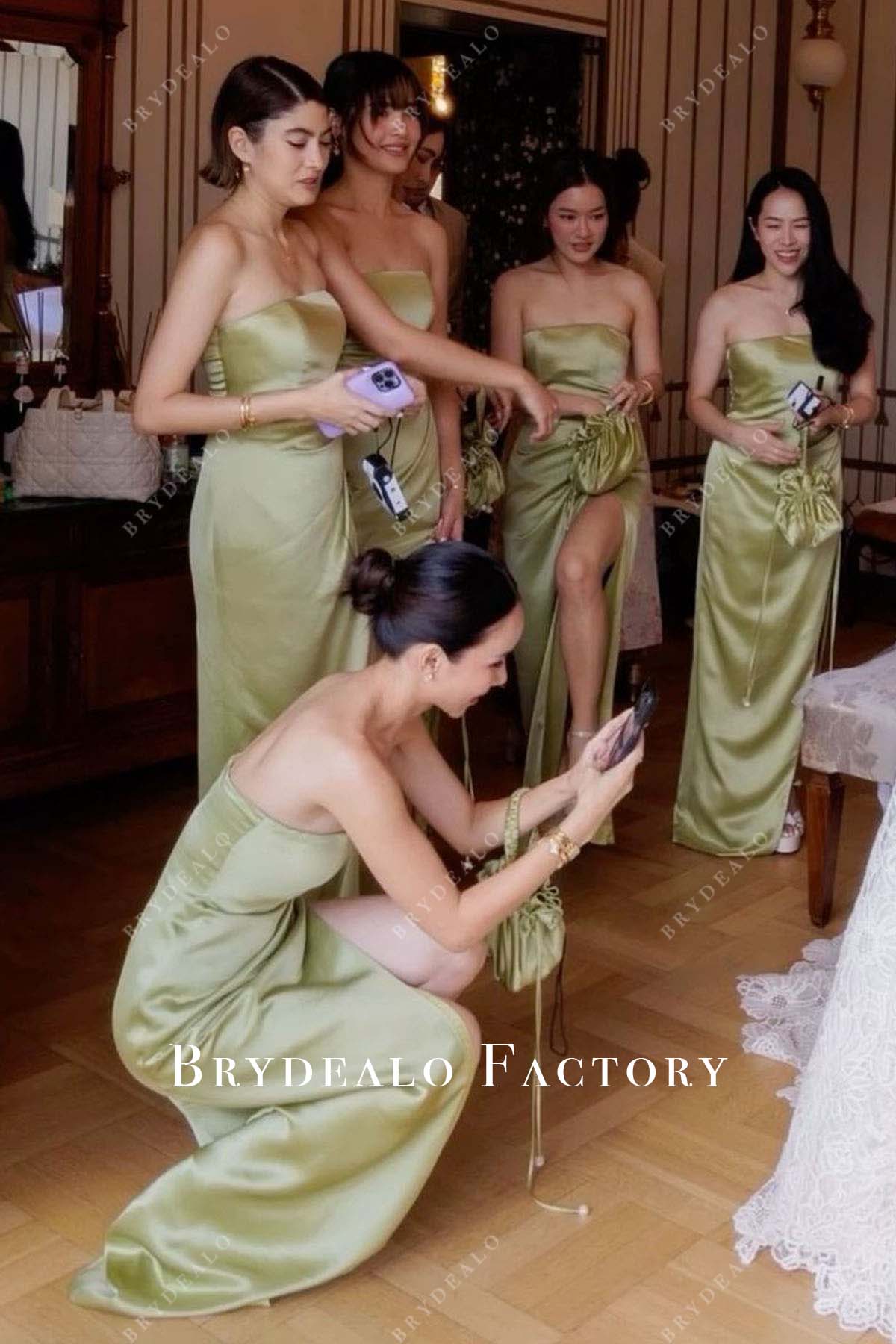 green sage satin slit bridesmaid dress