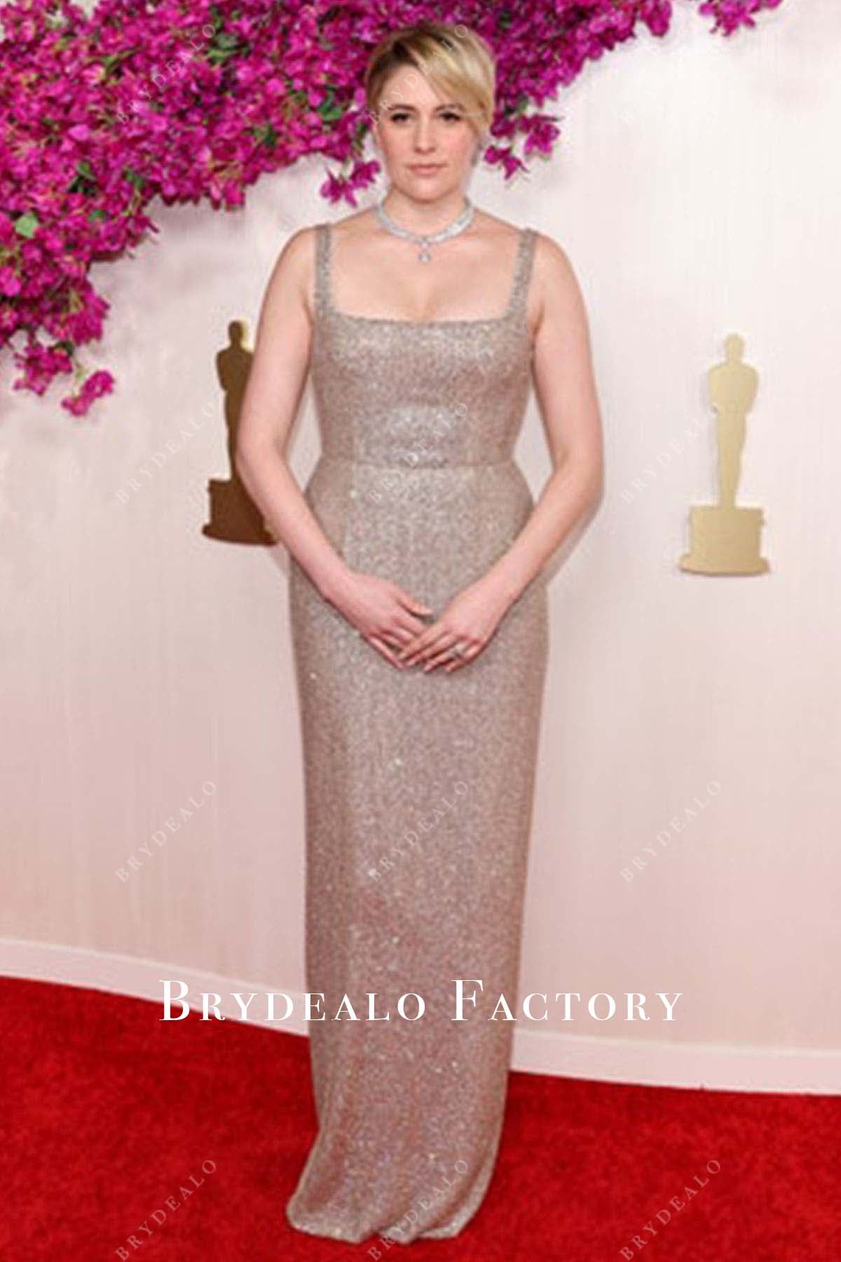 Greta Gerwig 2024 Oscars Red Carpet Square Neck Sheath Celebs Dress