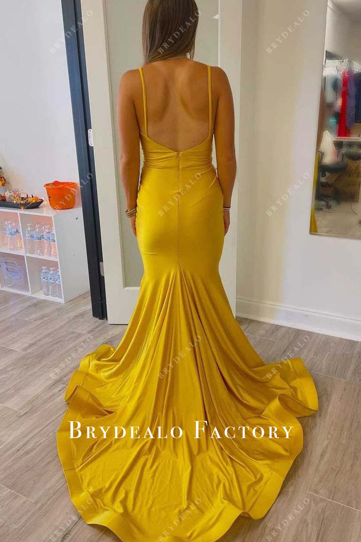 honey yellow mermaid long train prom dress