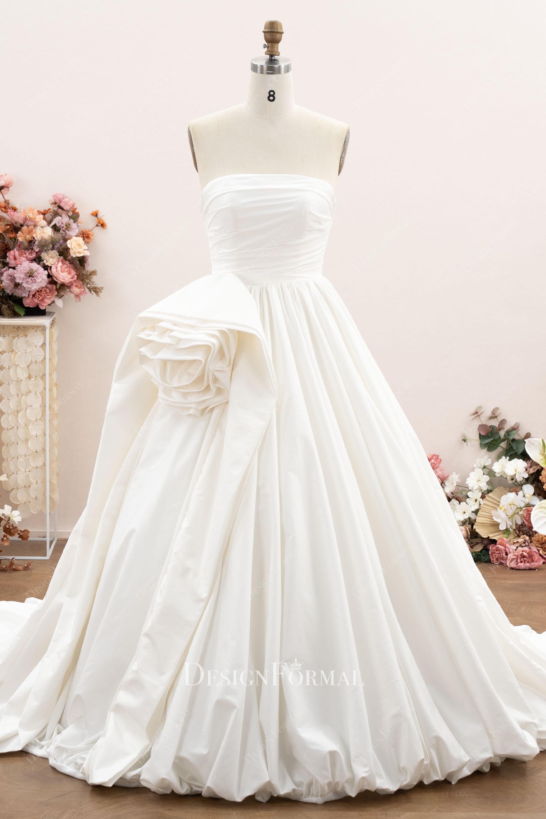 ivory taffeta straight across wedding dress