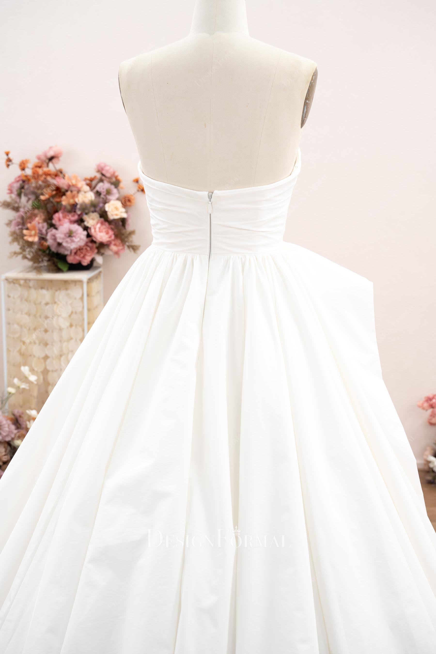 ivory taffeta strapless open back wedding dress