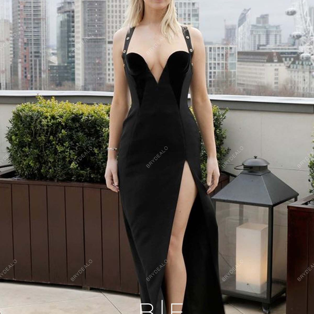 Jennifer Lawrence Long Black Plunging Neck Halter Prom Evening Dress