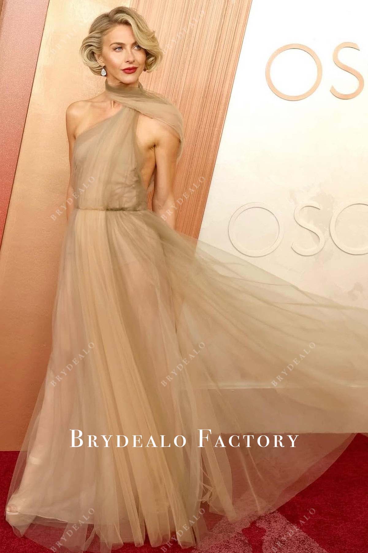 Julianne Hough shoulder veil dress 2025 Oscars red carpet 