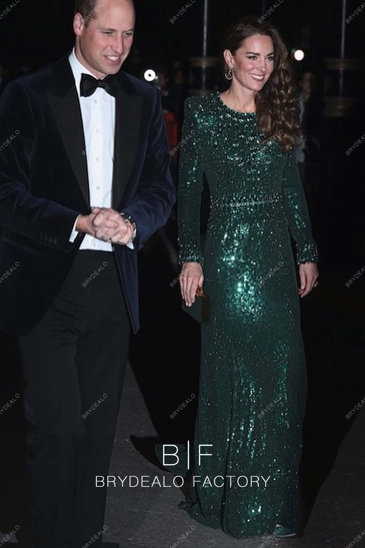 Kate Middleton Glitter Green Sequin Long Dress 2021 Royal Variety Performance