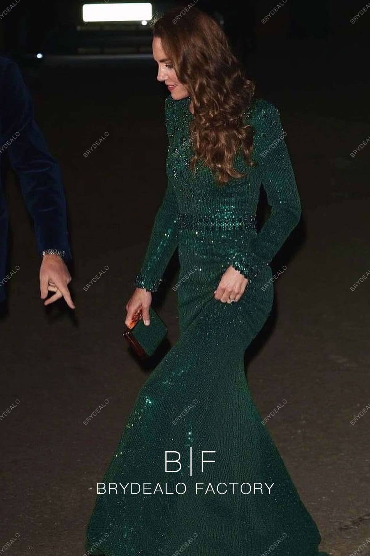 Kate Middleton Glitter Dark Green Sequin Long Sleeves Evening Dress 