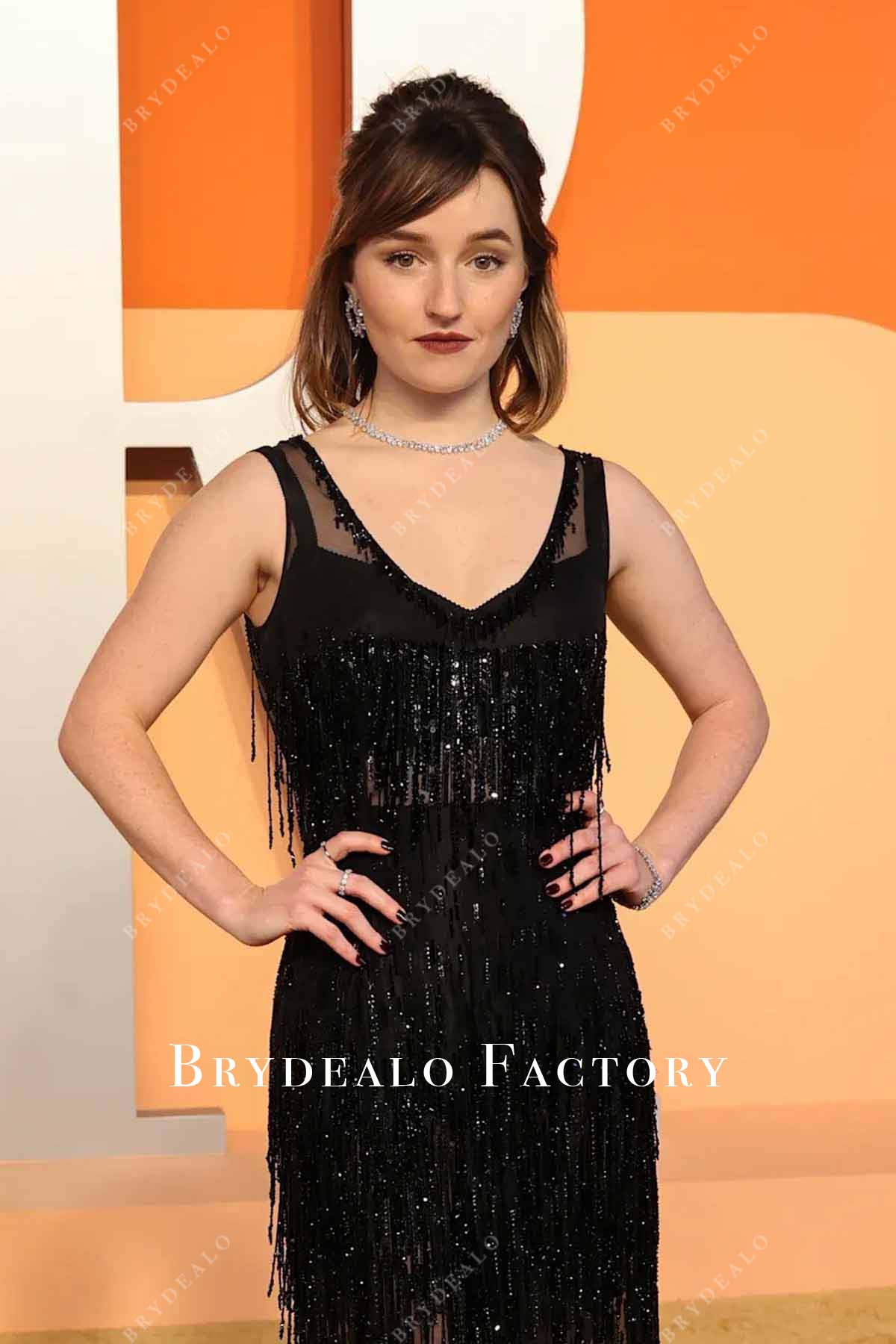 Kaitlyn Dever black glitter 2025 v neck Vanity fair party dress