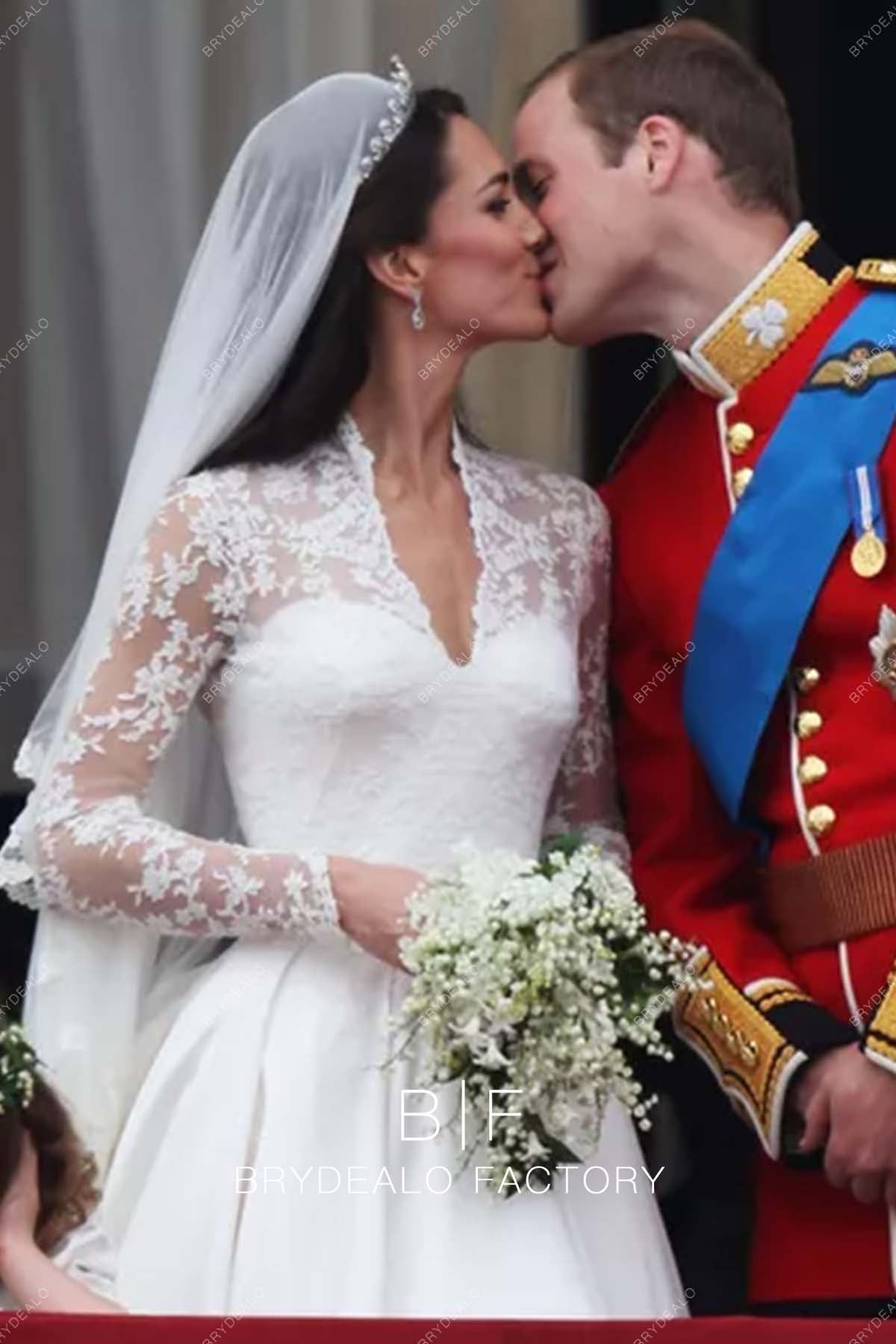 Kate Middleton Timeless V-neck Lace Long Train Royal Wedding Dress