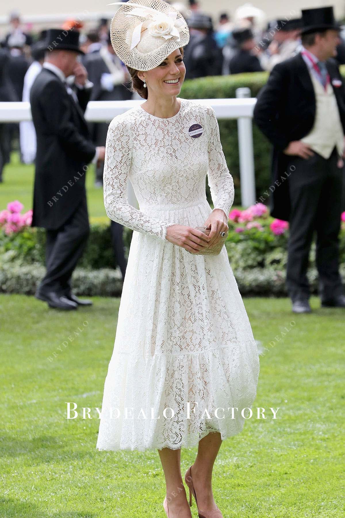 Kate Middleton White Lace Tea Length Royal Ascot 2016 Dress