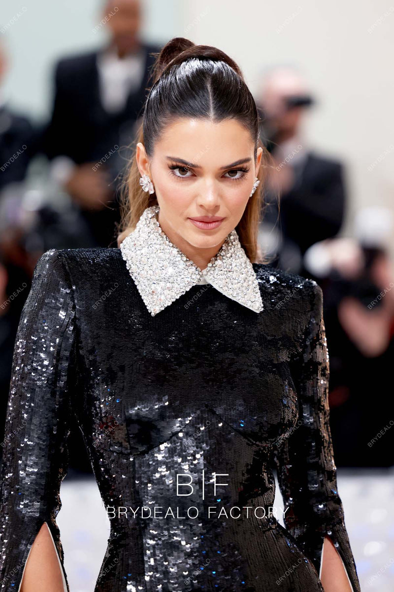 Kendall Jenner Met Gala 2023 Black Sequin Super Long Sleeves Bodysuit