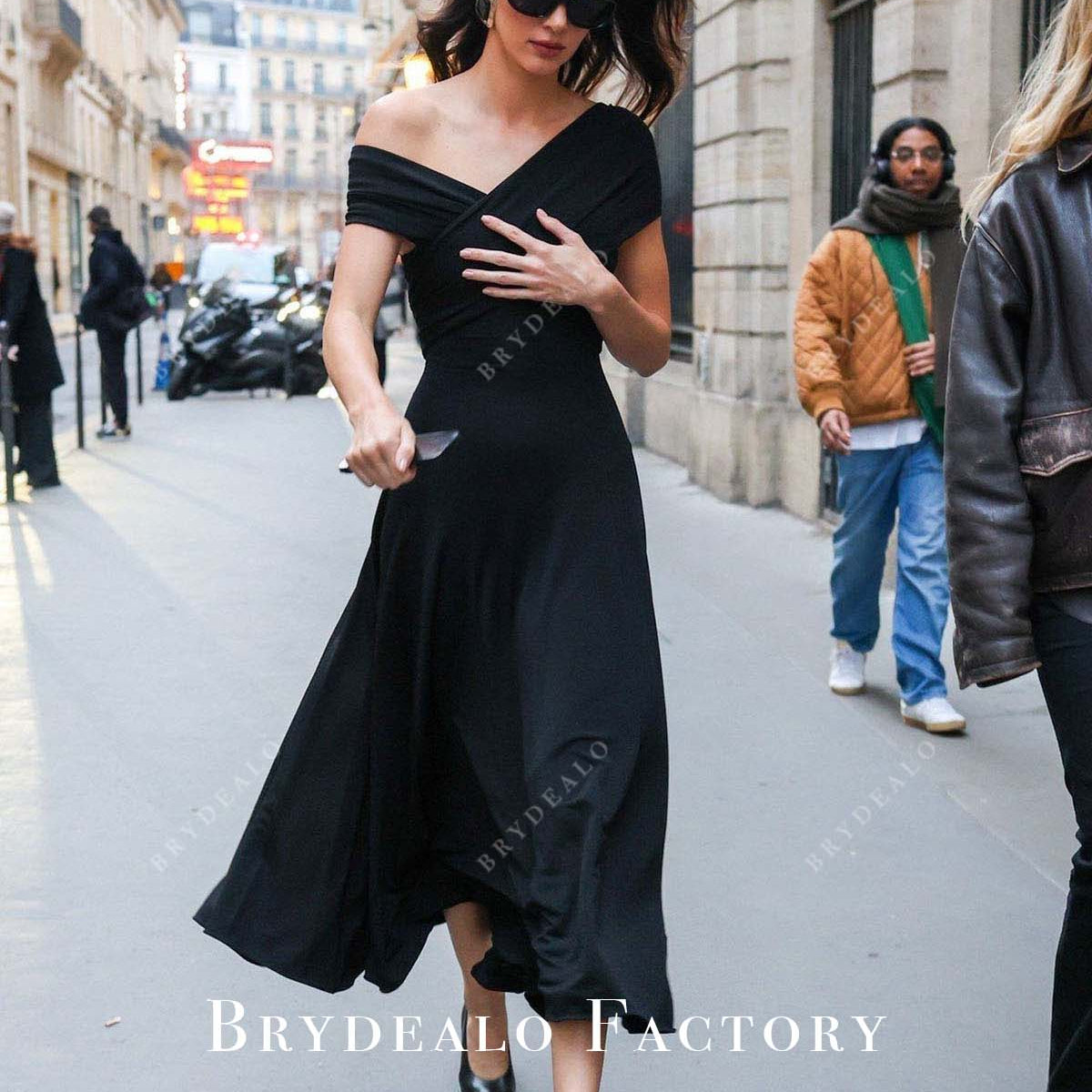 Kendall Jenner Black Off Shoulder 2024 Sightseeing in Paris Dress