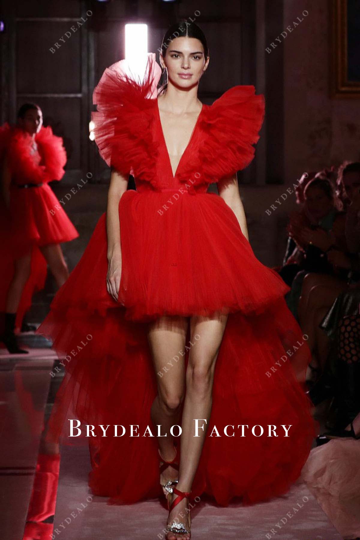 Kendall Jenner red tulle plunging neck H&M Show 2019 dress