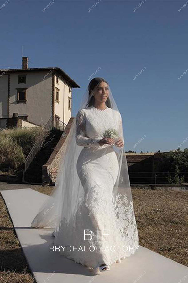 kim-kardashian-crew-neck-lace-sheer-sleeve-mermaid-wedding-dress