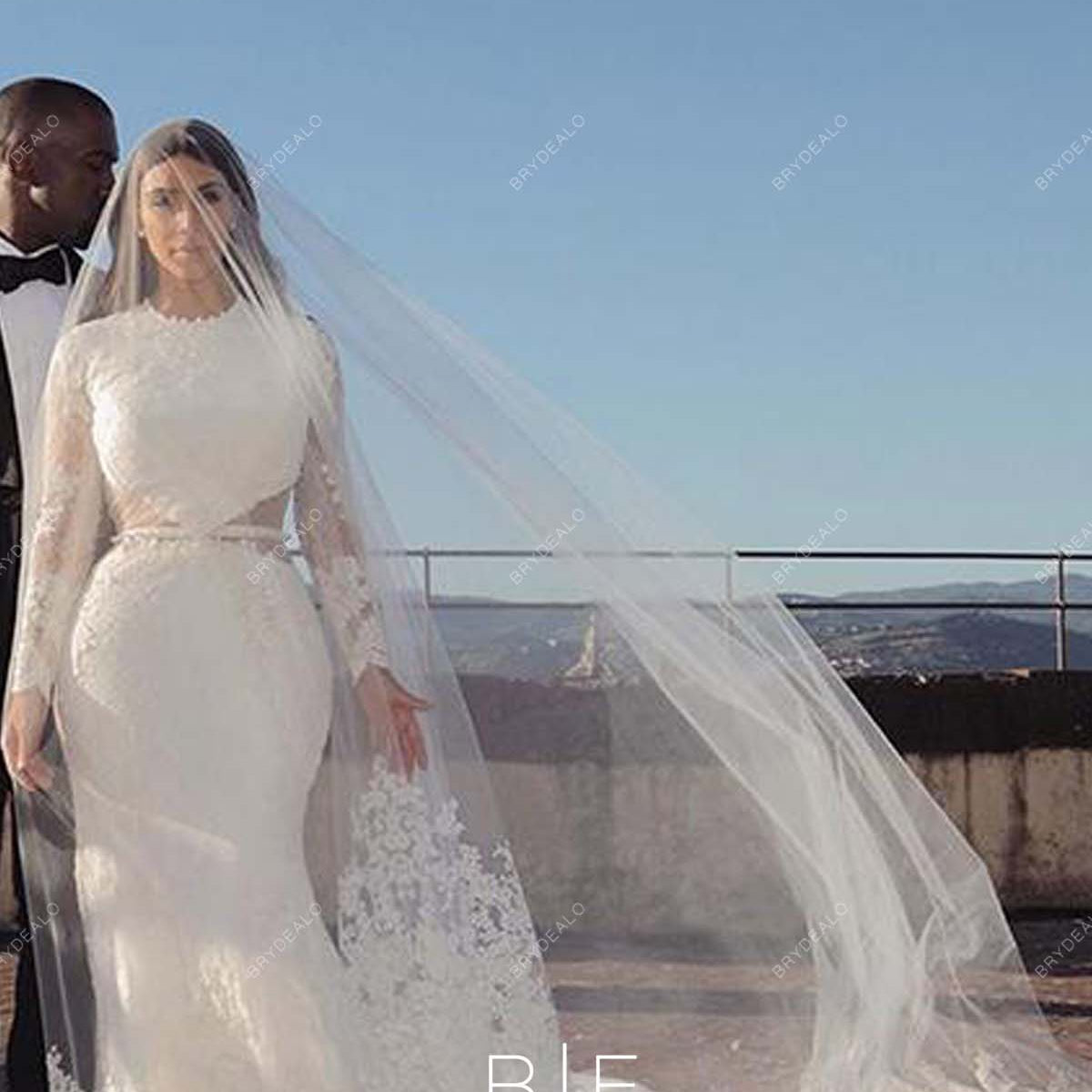 Kim Kardashian Crew Neck Lace Sheer Sleeve Mermaid Wedding Dress, White / Dress+Veil Kim Kardashian Crew Neck Lace Sheer Sleeve Mermaid Wedding Dress, White / Dress+Veil