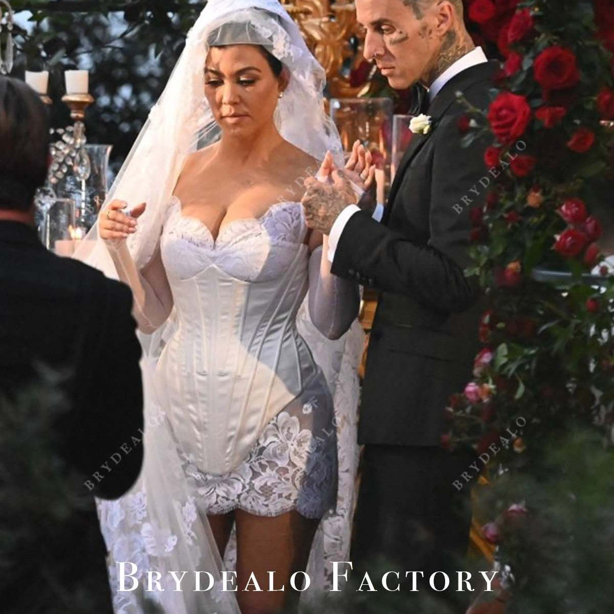 knee length dresses for ladies Kourtney Kardashian Lace Satin Corset Short Bodycon Wedding Dress