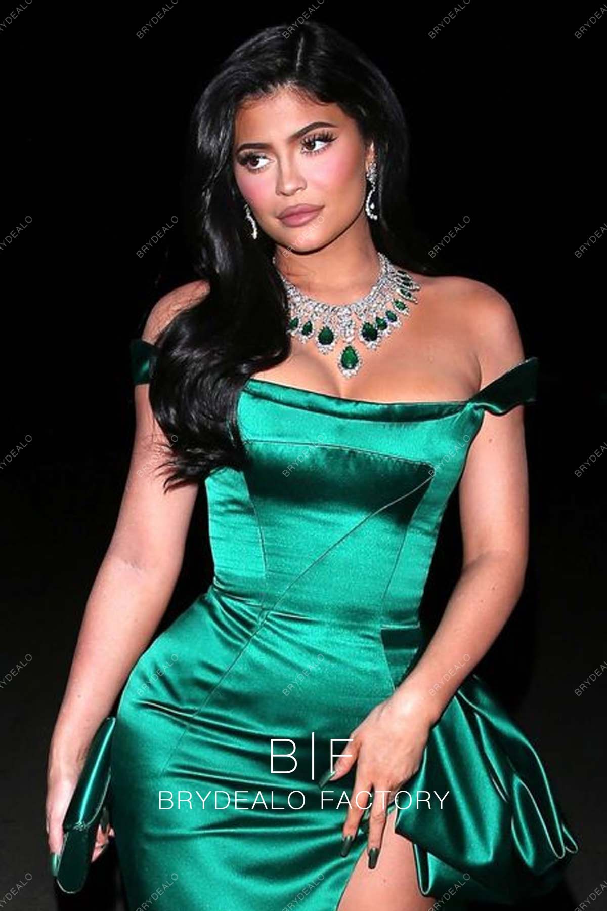 Kylie Jenner Dark Green Off Shoulder Slit Dress Christmas Eve
