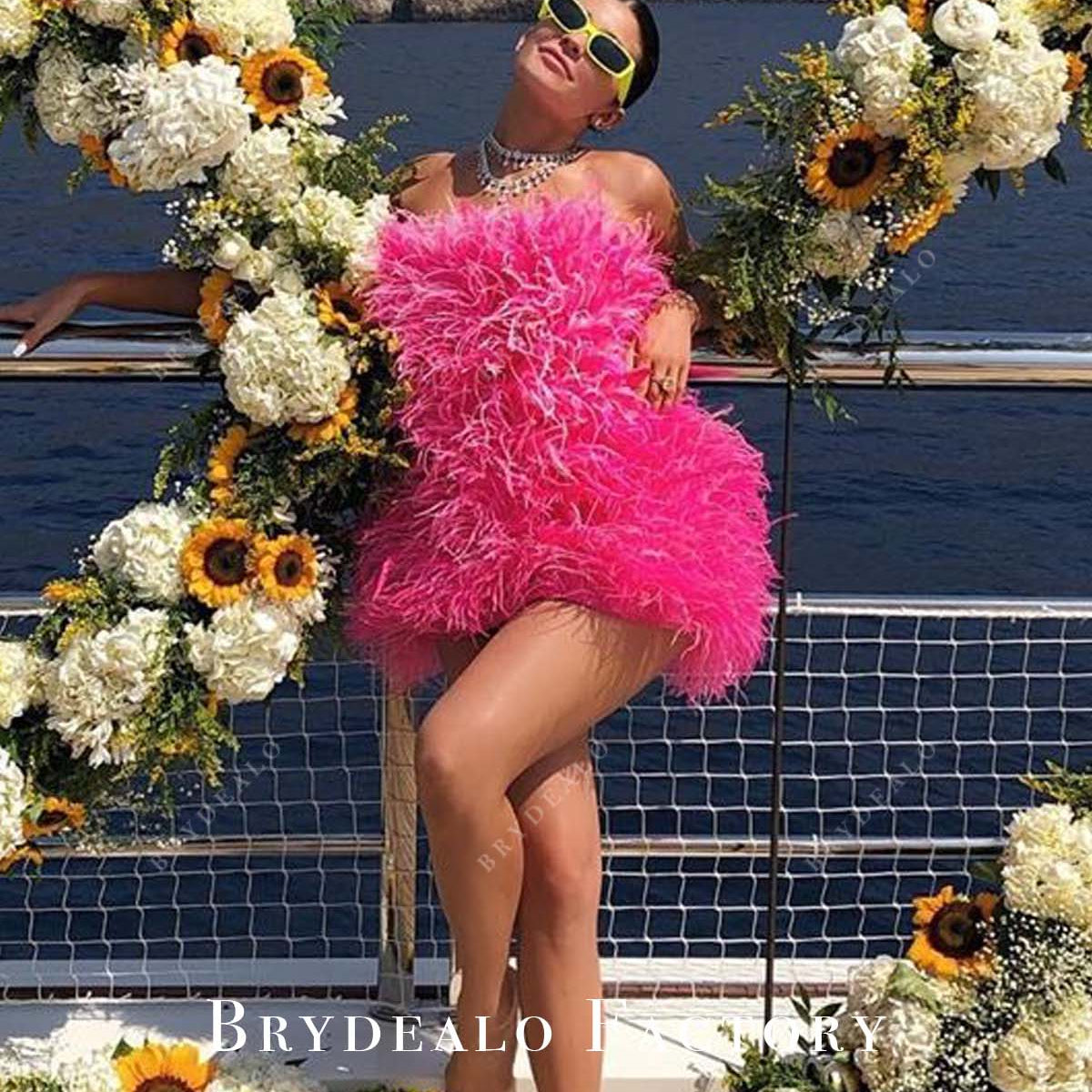 Kylie Jenner Hot Pink Allover Feathers Short 22nd Birthday Dress
