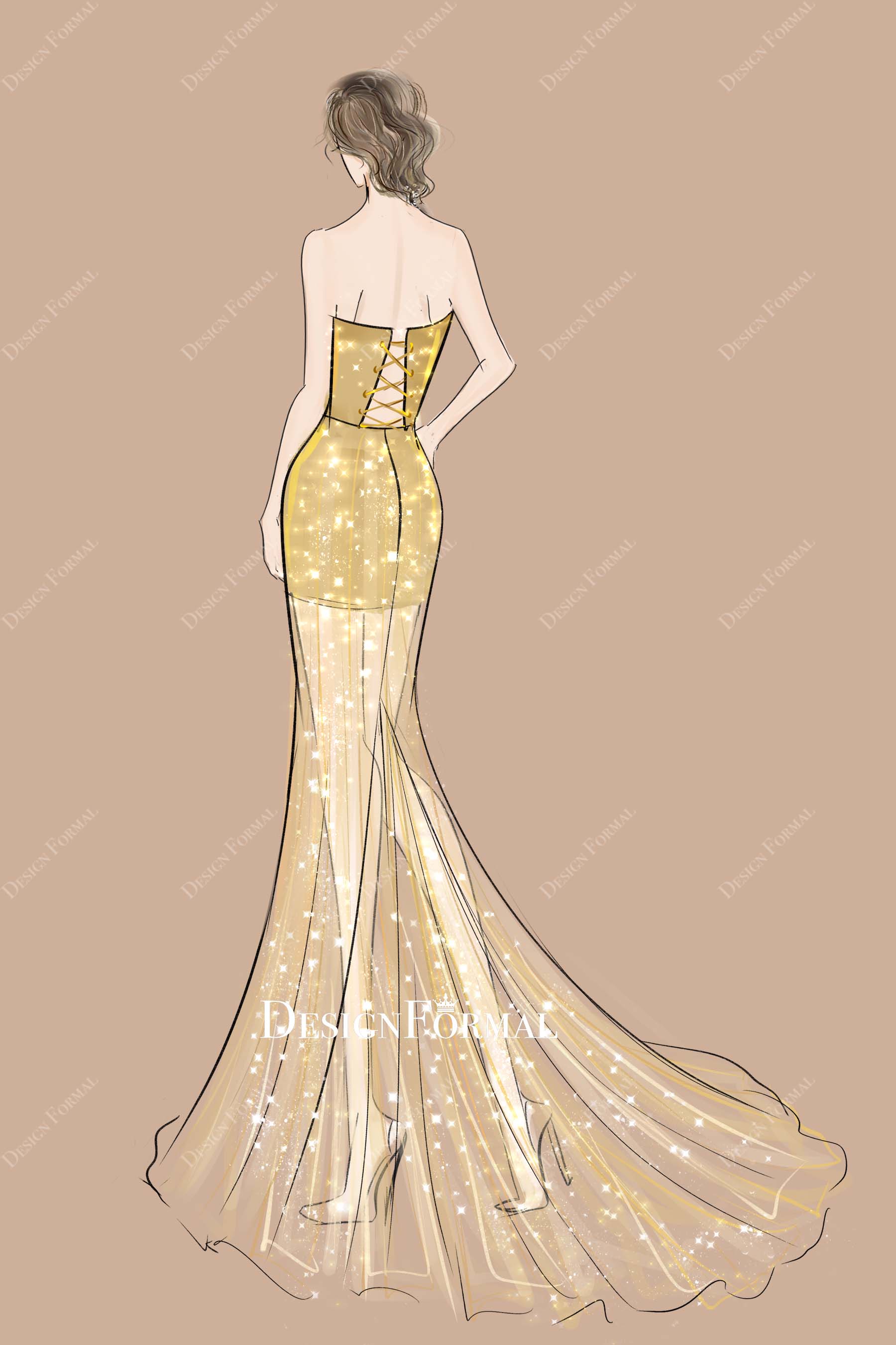 Lace-up Corset Back Gold Dress Sketch