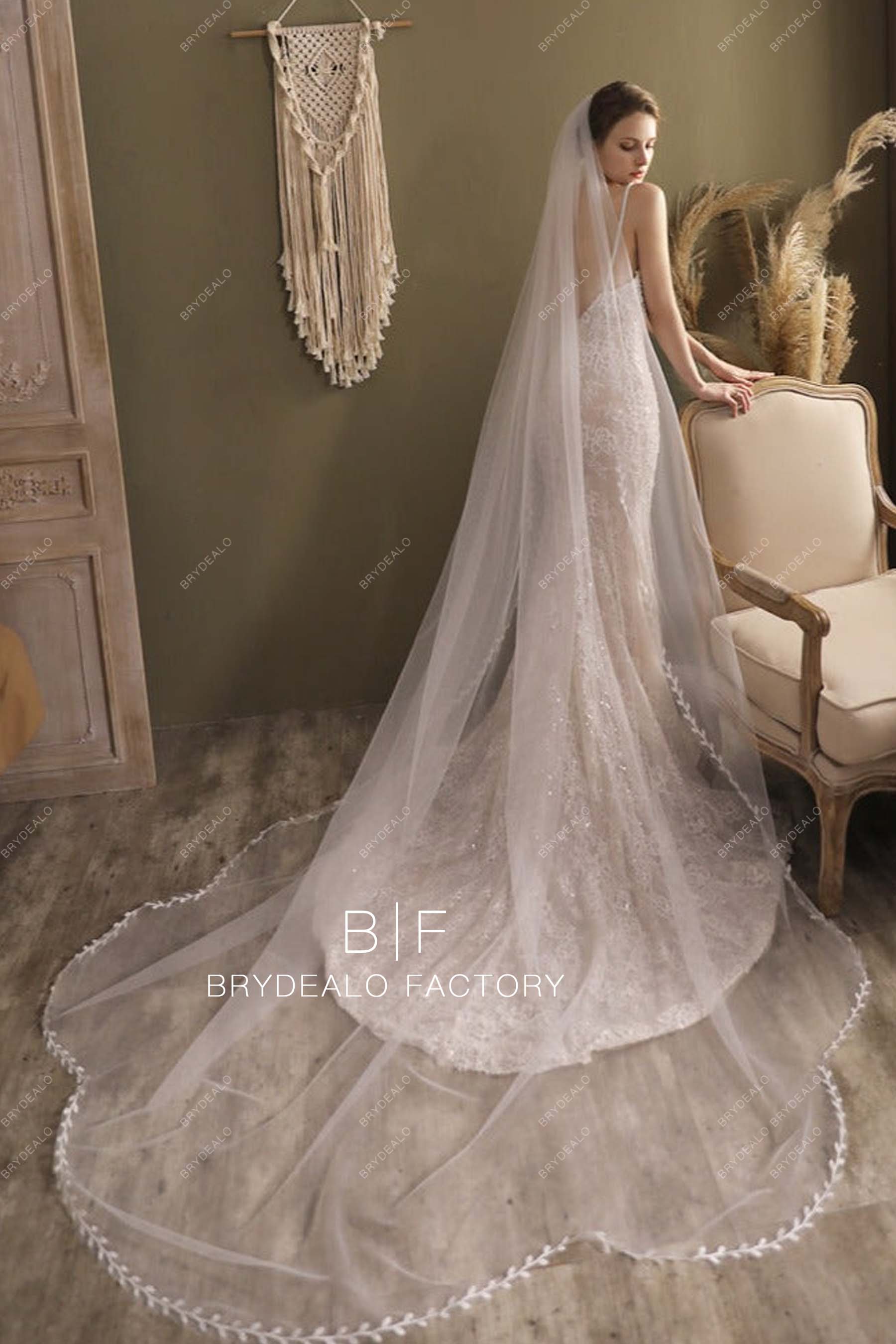 Cathedral Length Leaf Motif Lace Cutout Edge Bridal Veil