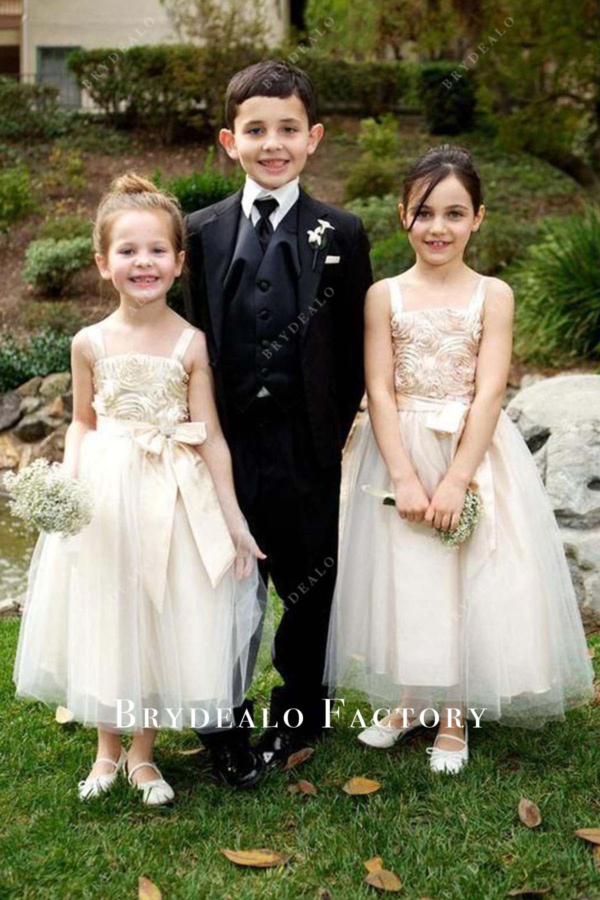 Light Champagne square neckline flower girl dress