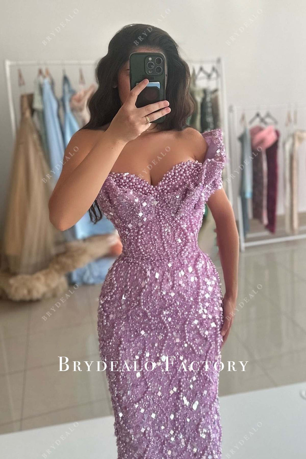 Chic & Modern One Shoulder Beaded Illusion Lilac Pleats Satin Prom Dress
