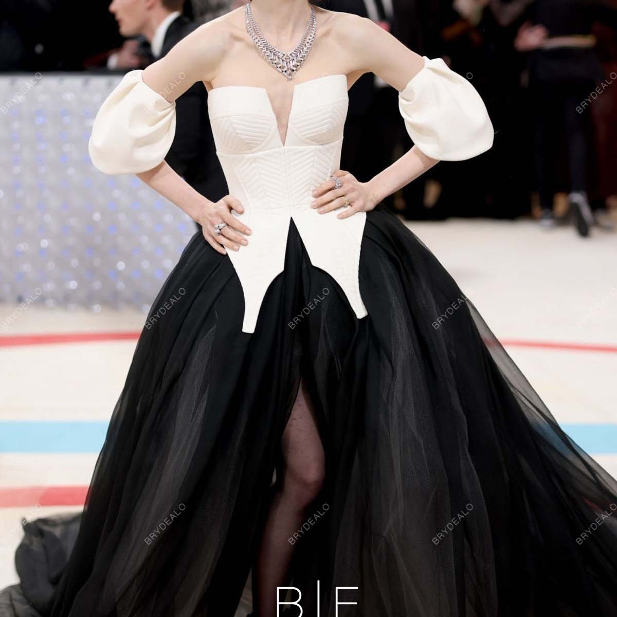 Lily Collins 2023 Met Gala Ivory Crepe Black Tulle Slit A-line Dress