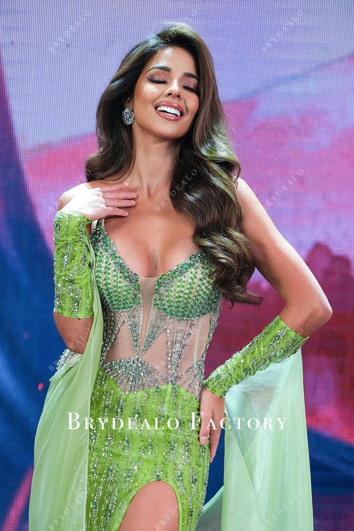 Luciana Fuster Miss Grand Thailand 2024 Green Shimmer Slit Dress