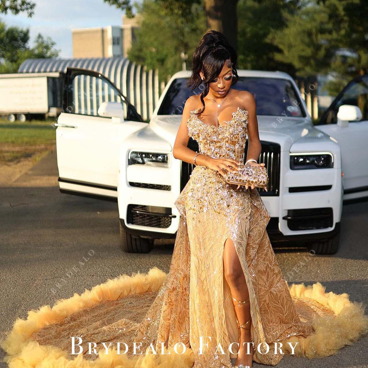 Gold Rhinestones Strapless Slit Long Train Overskirt Prom Dress