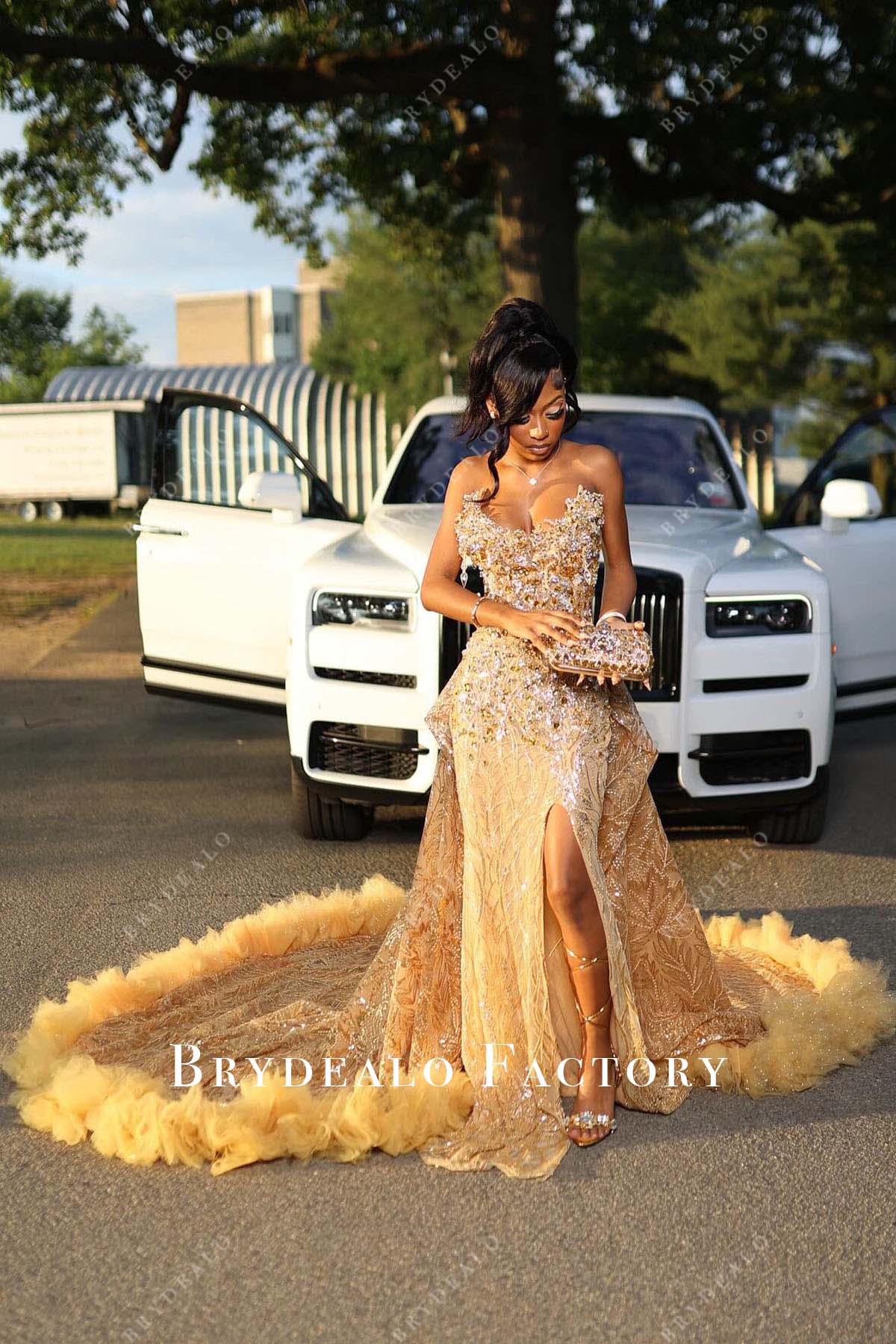 marigold feathers prom dress