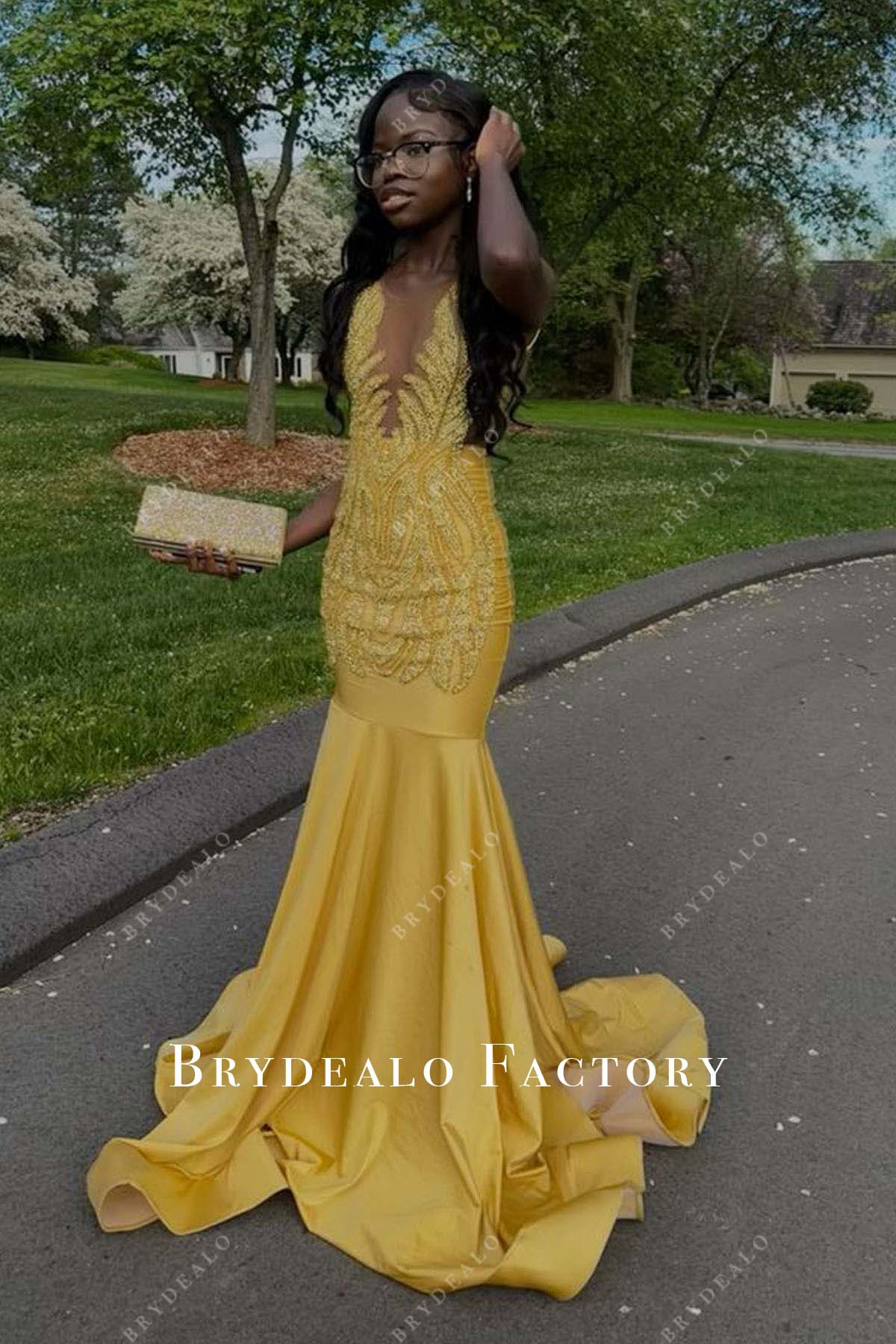 marigold rhinestones trumpet prom dress